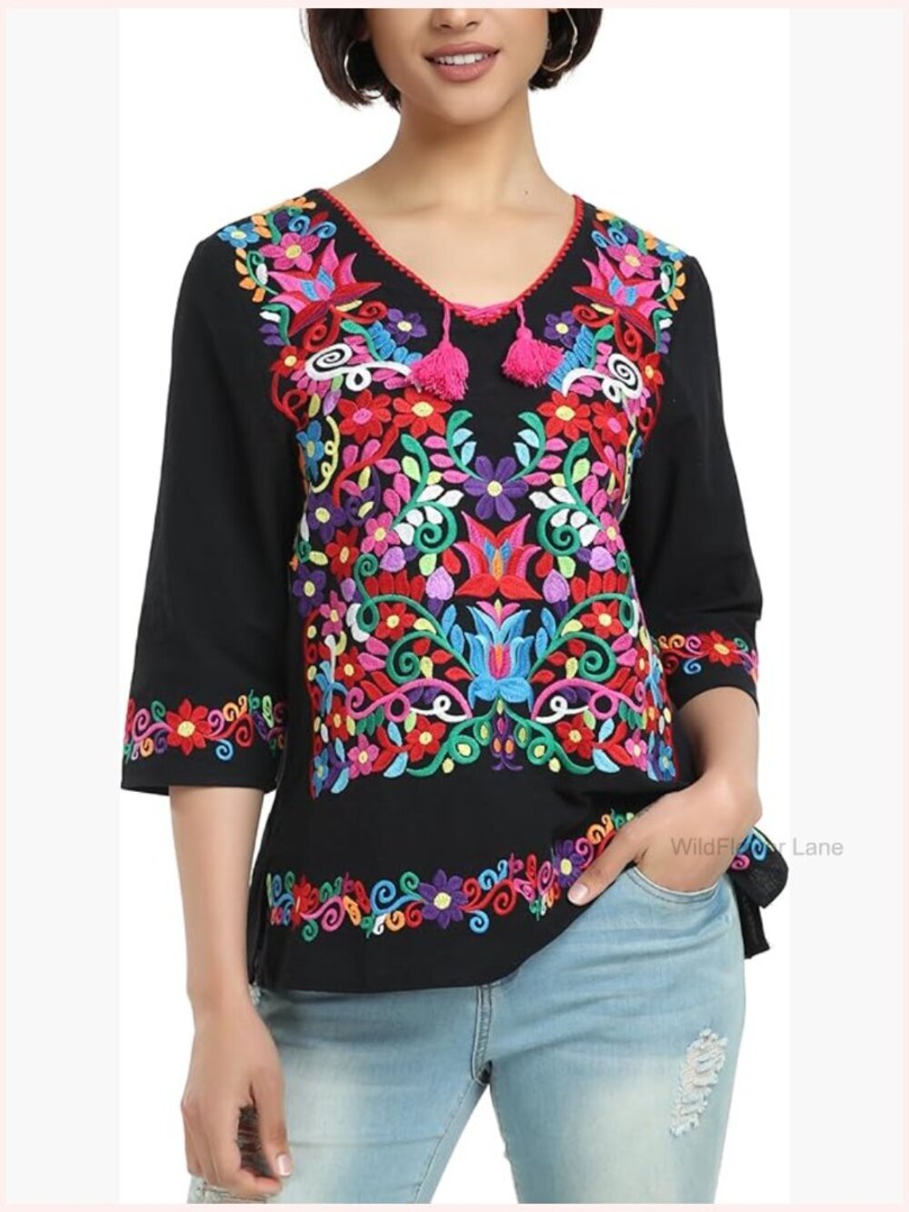 Embroidered Mexican Peasant Blouse V-Neck 3/4 Sleeve Boho Tunic Top